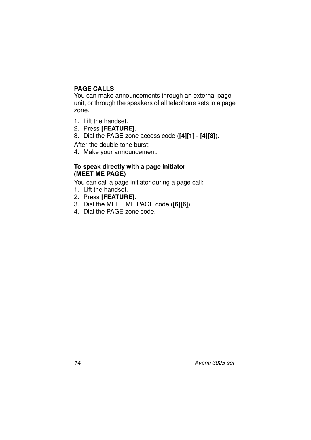 Avanti 3025 manual Calls, To speak directly with a page initiator, Meet ME 
