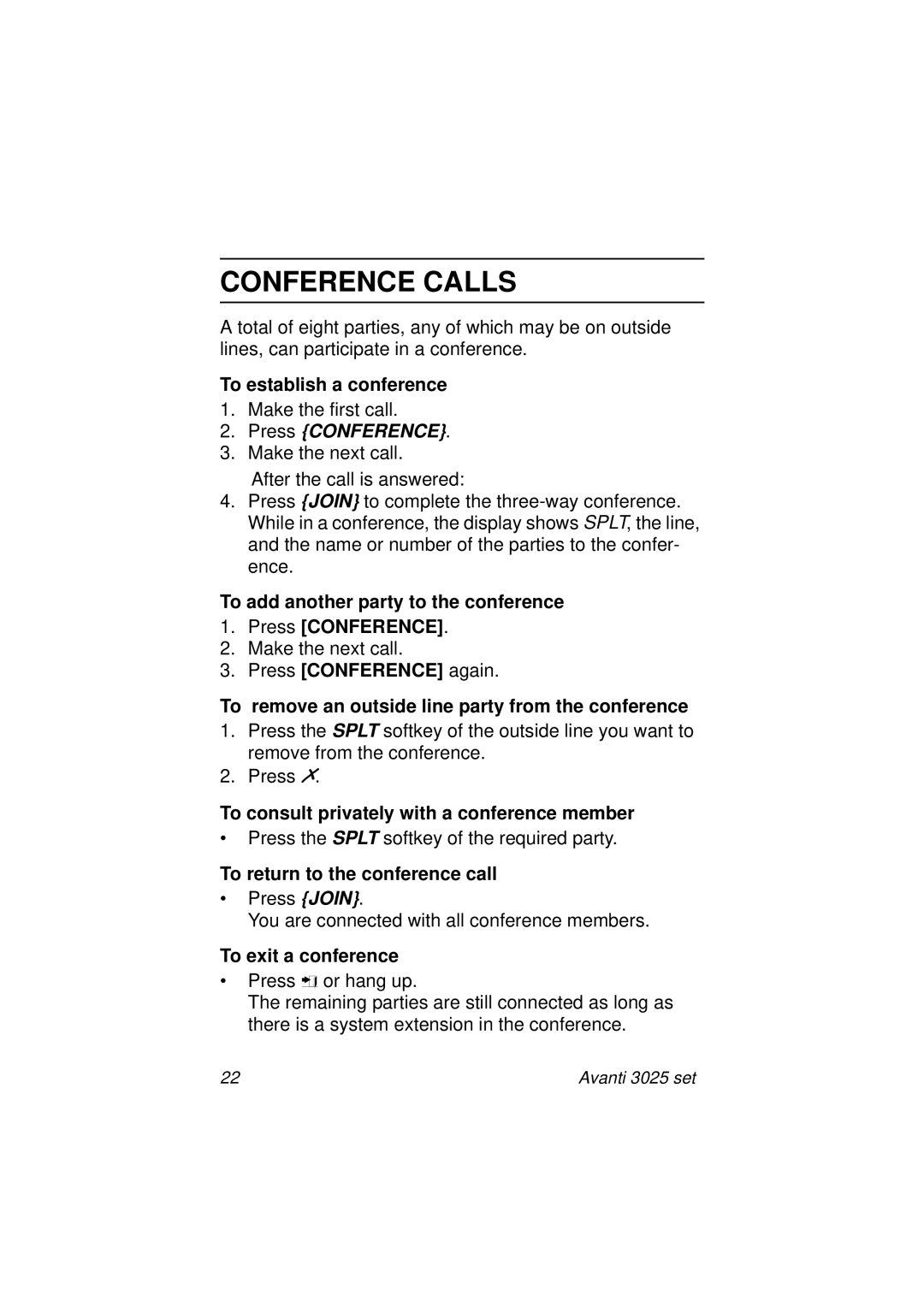 Avanti 3025 manual Conference Calls, Press Conference 