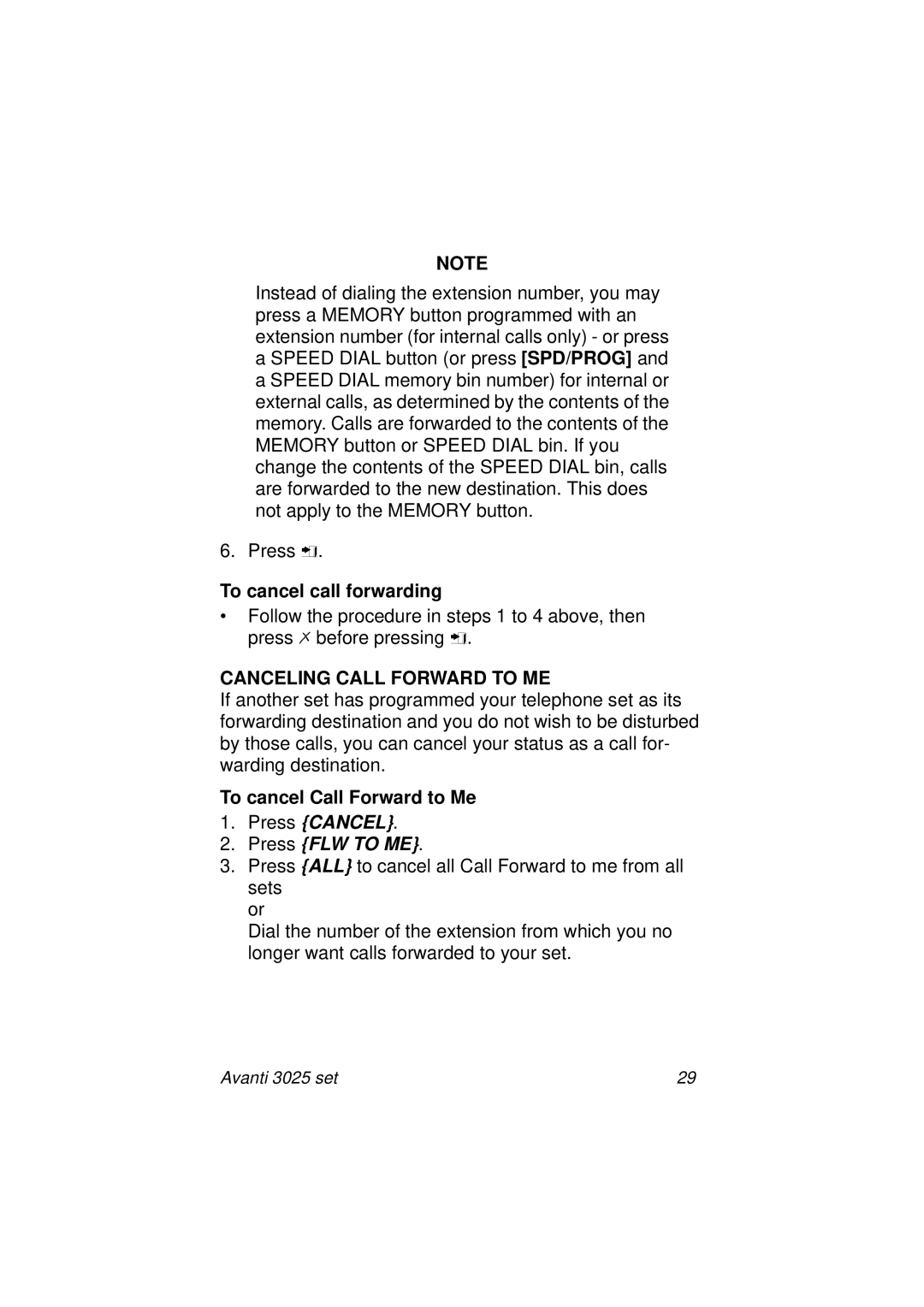 Avanti 3025 manual To cancel call forwarding, Canceling Call Forward to ME, To cancel Call Forward to Me 