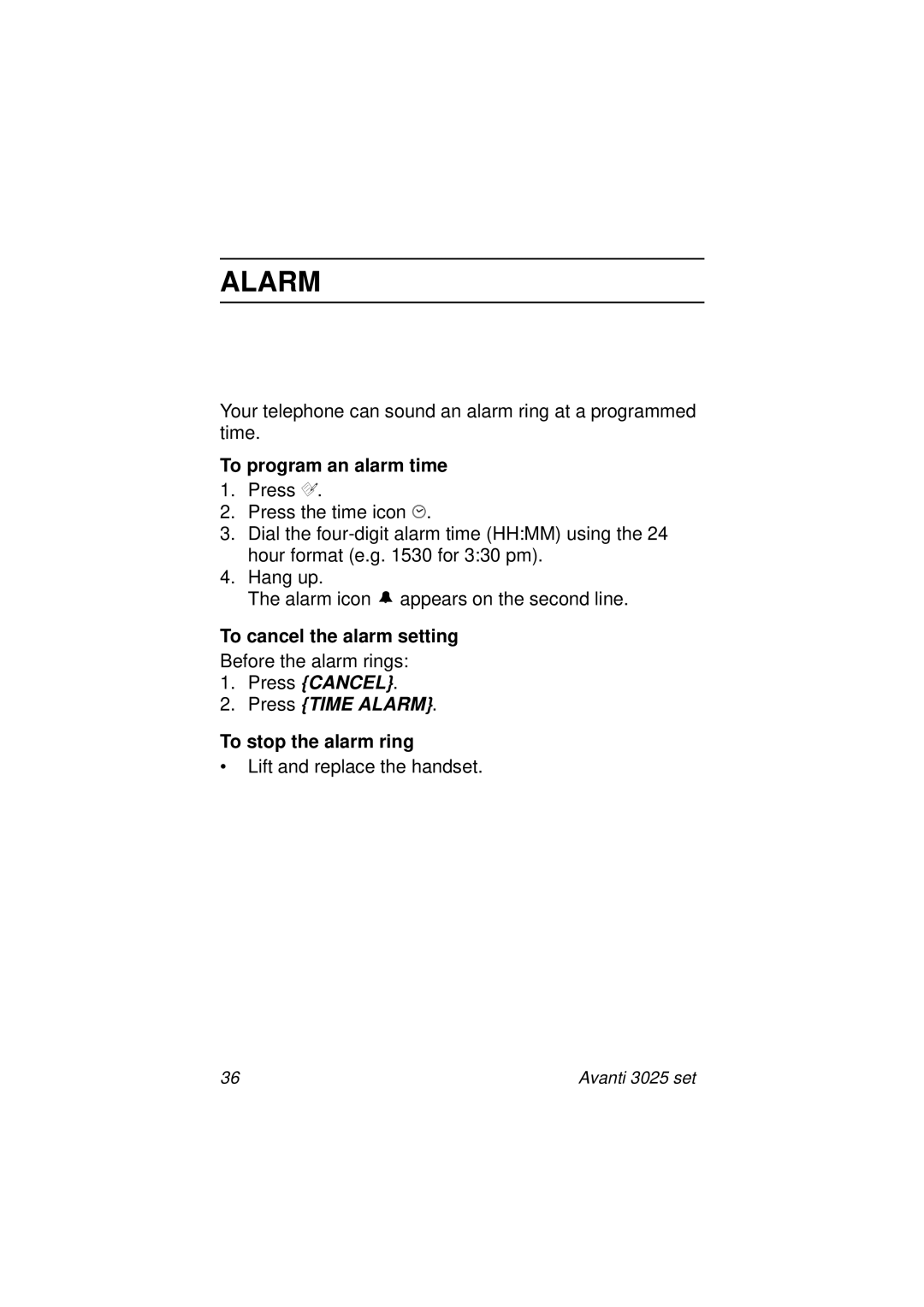 Avanti 3025 manual To program an alarm time, To cancel the alarm setting, Press Cancel Press Time Alarm 