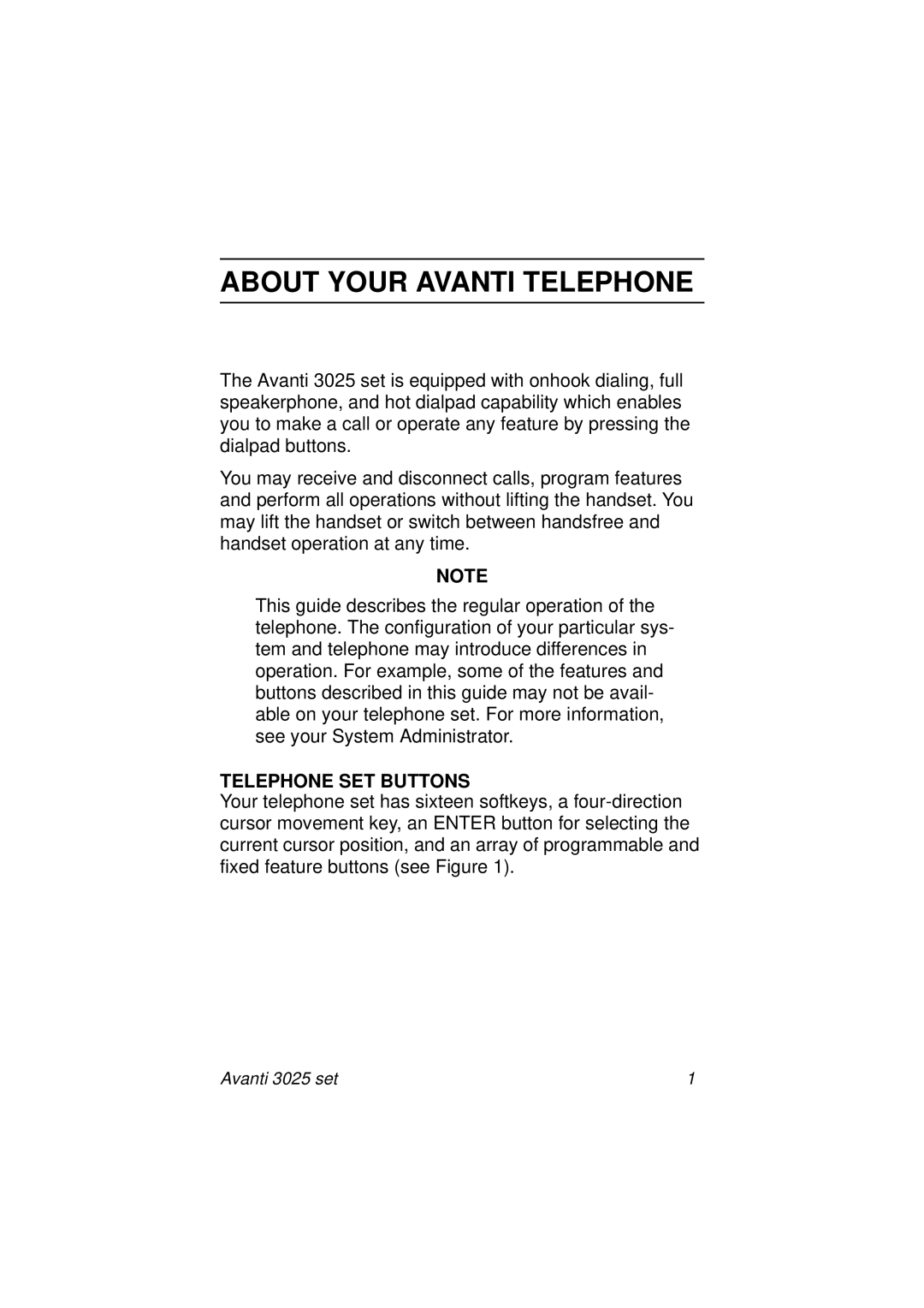 Avanti 3025 manual About Your Avanti Telephone, Telephone SET Buttons 