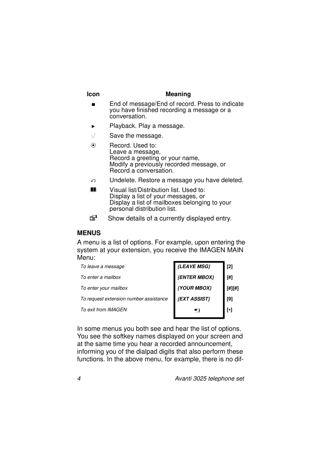 Avanti 3025 manual Menus 