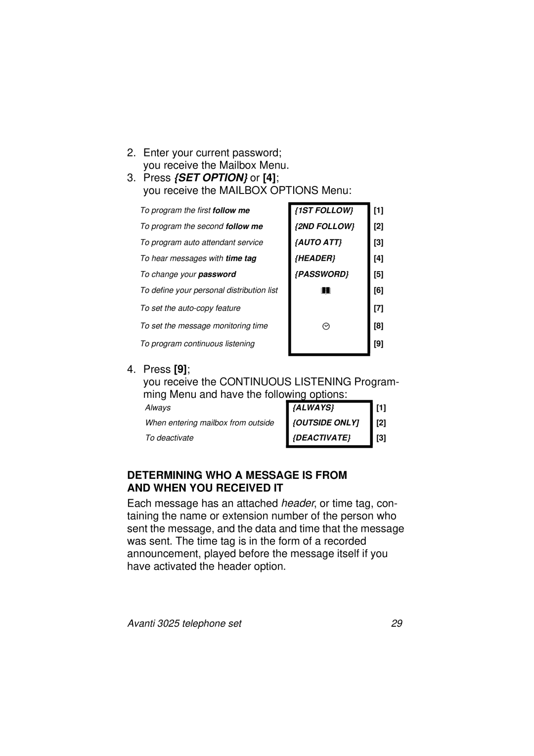 Avanti 3025 manual Press SET Option or, Determining WHO a Message is from and When YOU Received IT 