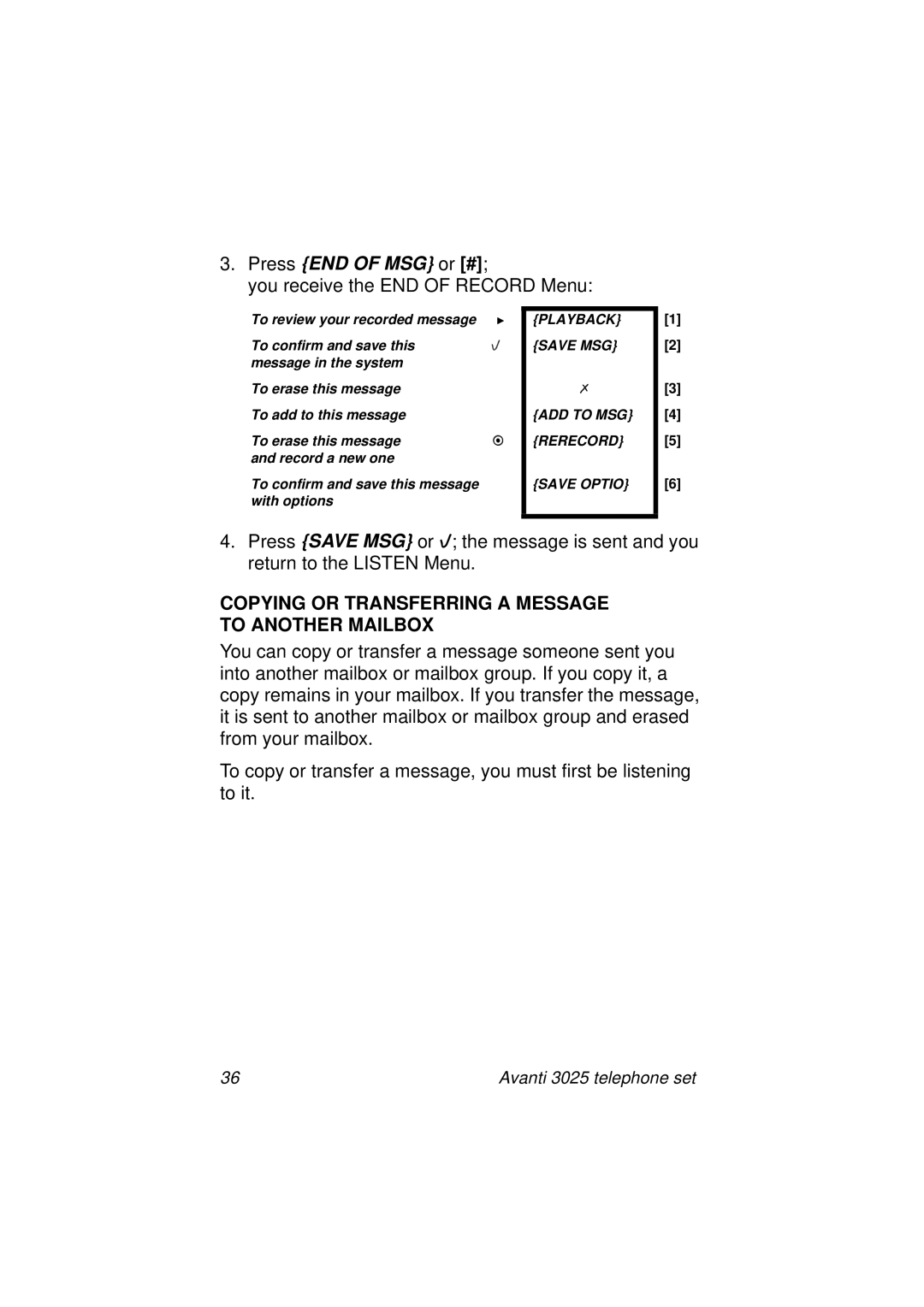 Avanti 3025 manual Press END of MSG or #, Copying or Transferring a Message to Another Mailbox 