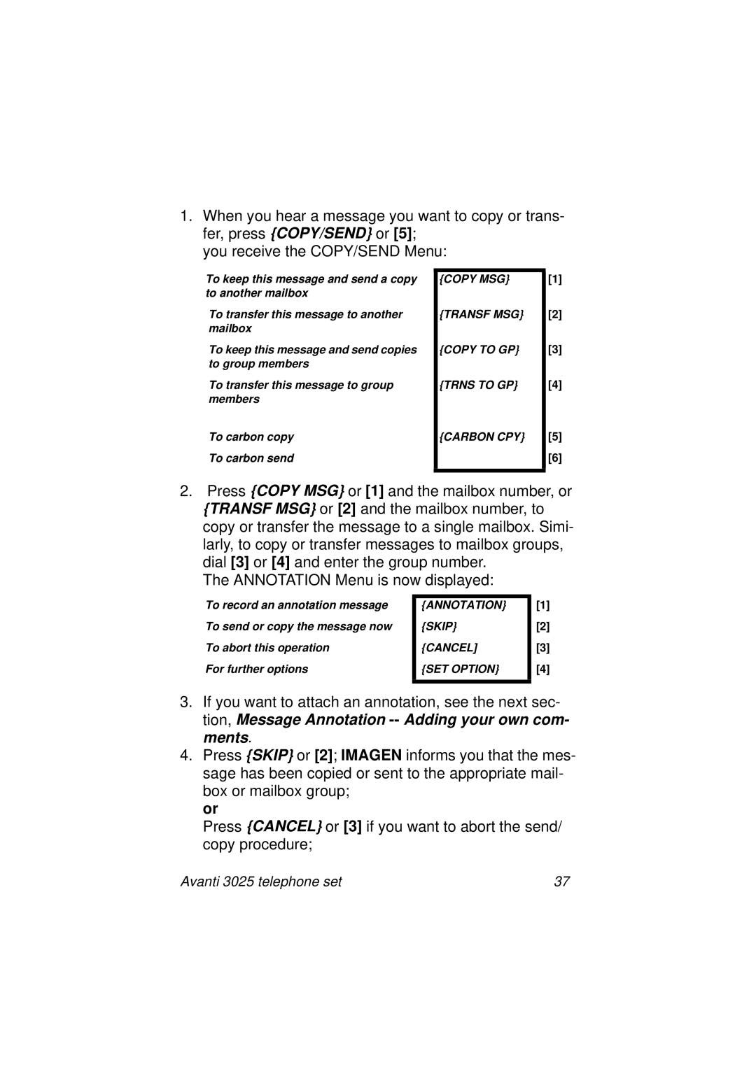 Avanti 3025 manual Copy MSG Transf MSG Copy to GP Trns to GP Carbon CPY 