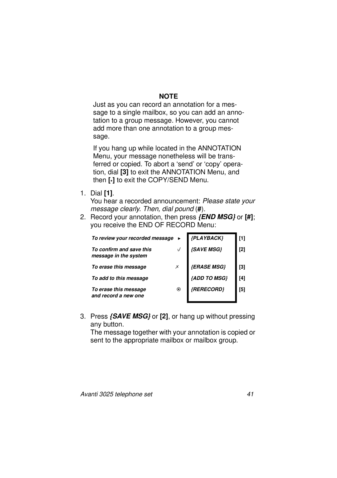 Avanti 3025 manual Playback Save MSG Erase MSG ADD to MSG Rerecord 