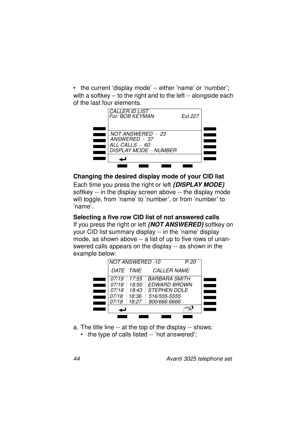 Avanti 3025 manual Changing the desired display mode of your CID list, Selecting a five row CID list of not answered calls 