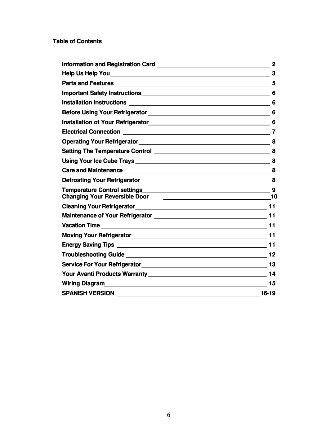 Avanti 322YW instruction manual Table of Contents 
