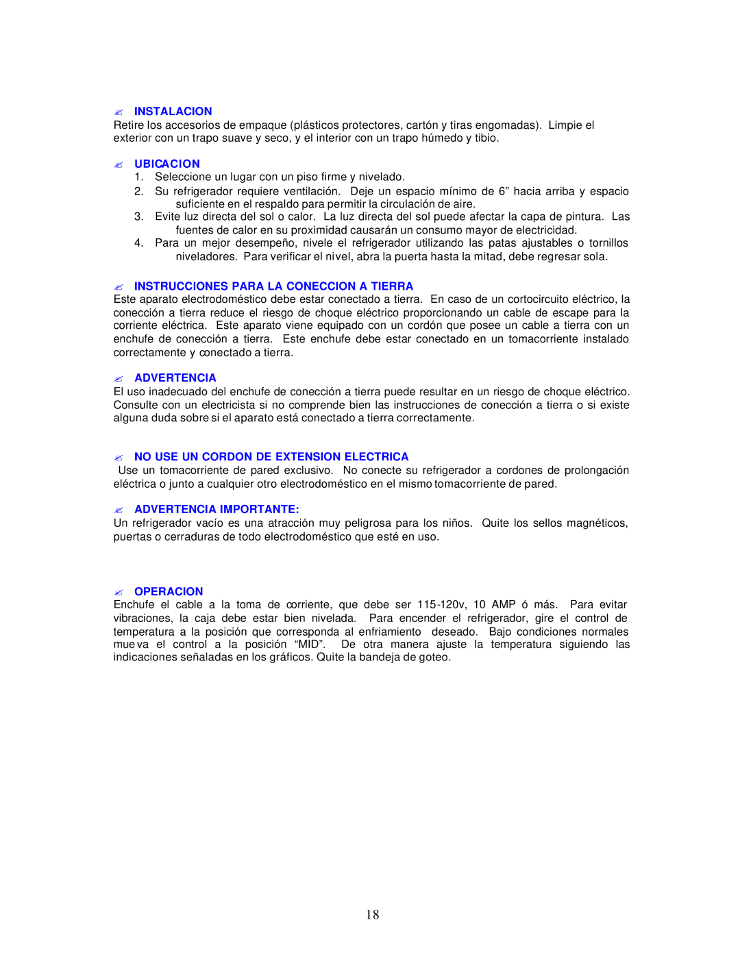 Avanti 323YB ? Instalacion, ? Ubicacion, ? Instrucciones Para LA Coneccion a Tierra, ? Advertencia, ? Operacion 