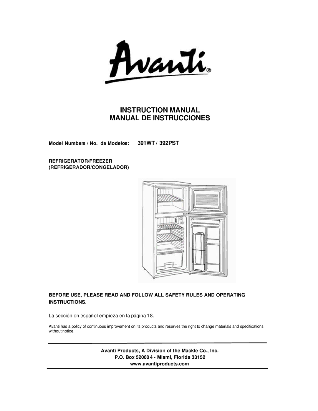 Avanti 392PST, 391WT instruction manual Manual DE Instrucciones 