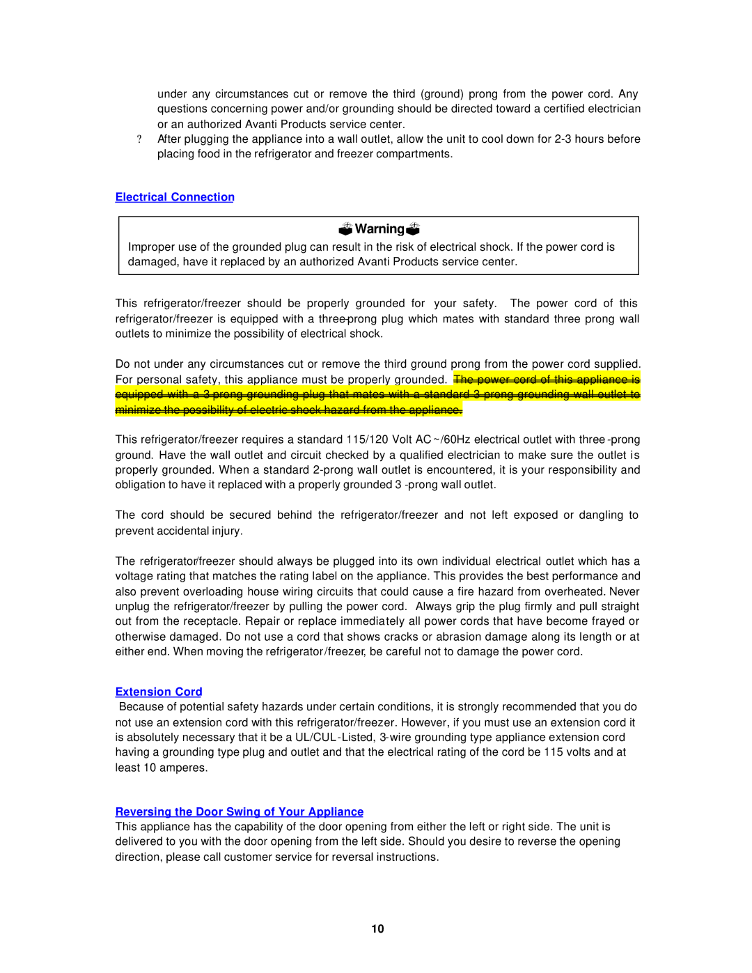 Avanti 391WT, 392PST instruction manual Electrical Connection, Extension Cord, Reversing the Door Swing of Your Appliance 