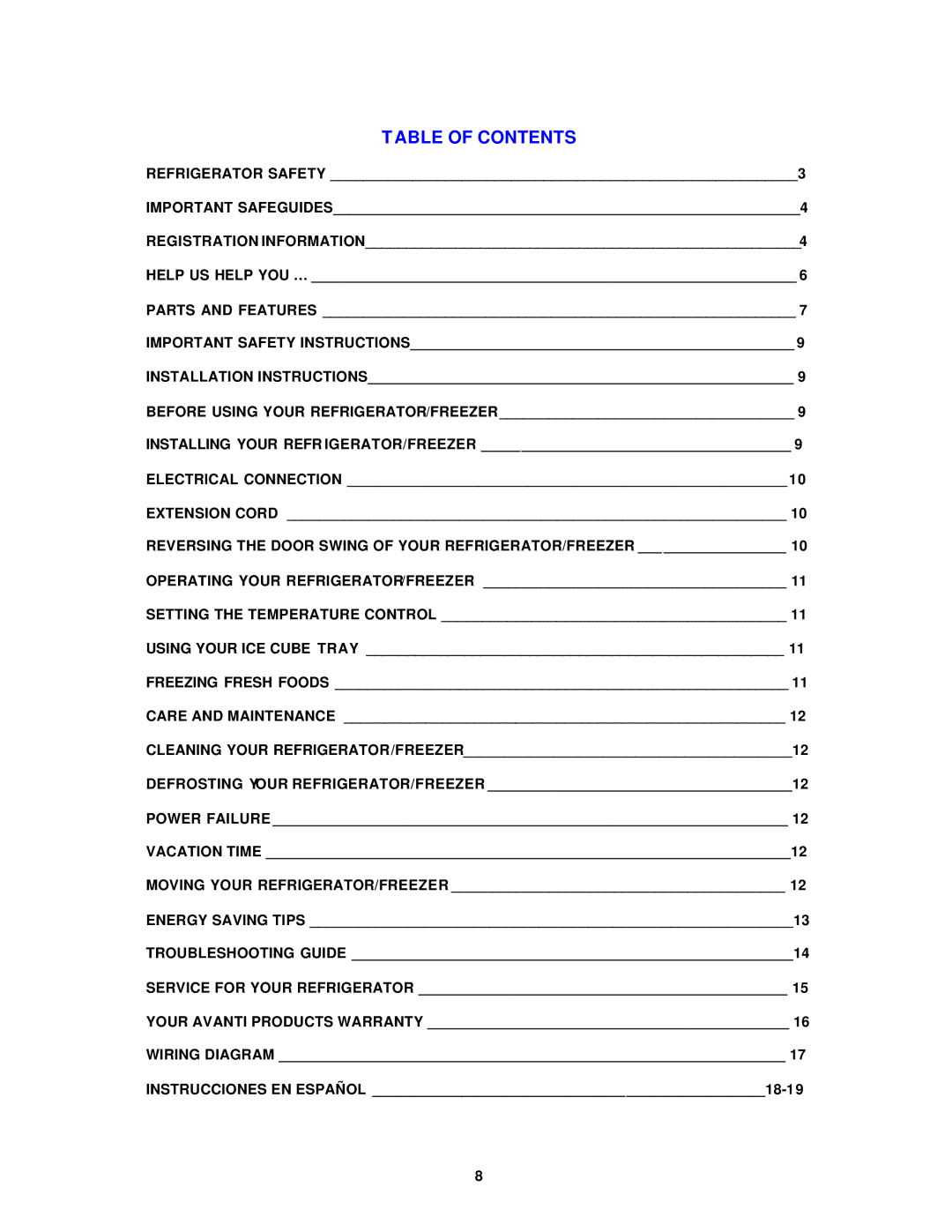 Avanti 391WT, 392PST instruction manual Table of Contents 