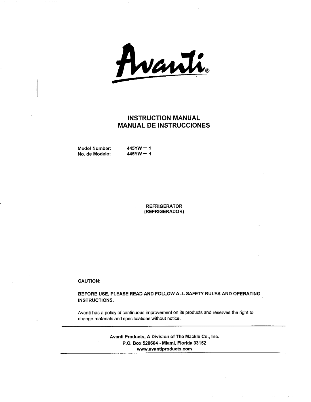 Avanti 445YW-1 manual 