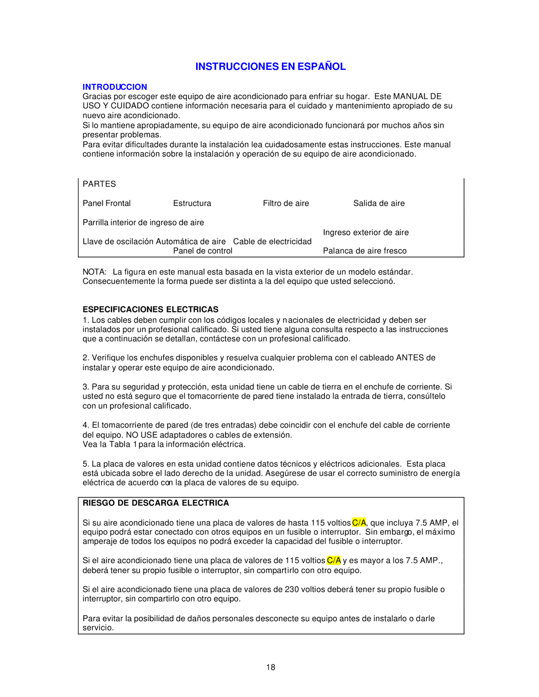 Avanti Air Conditioner Instrucciones EN Español, Especificaciones Electricas, Riesgo DE Descarga Electrica 