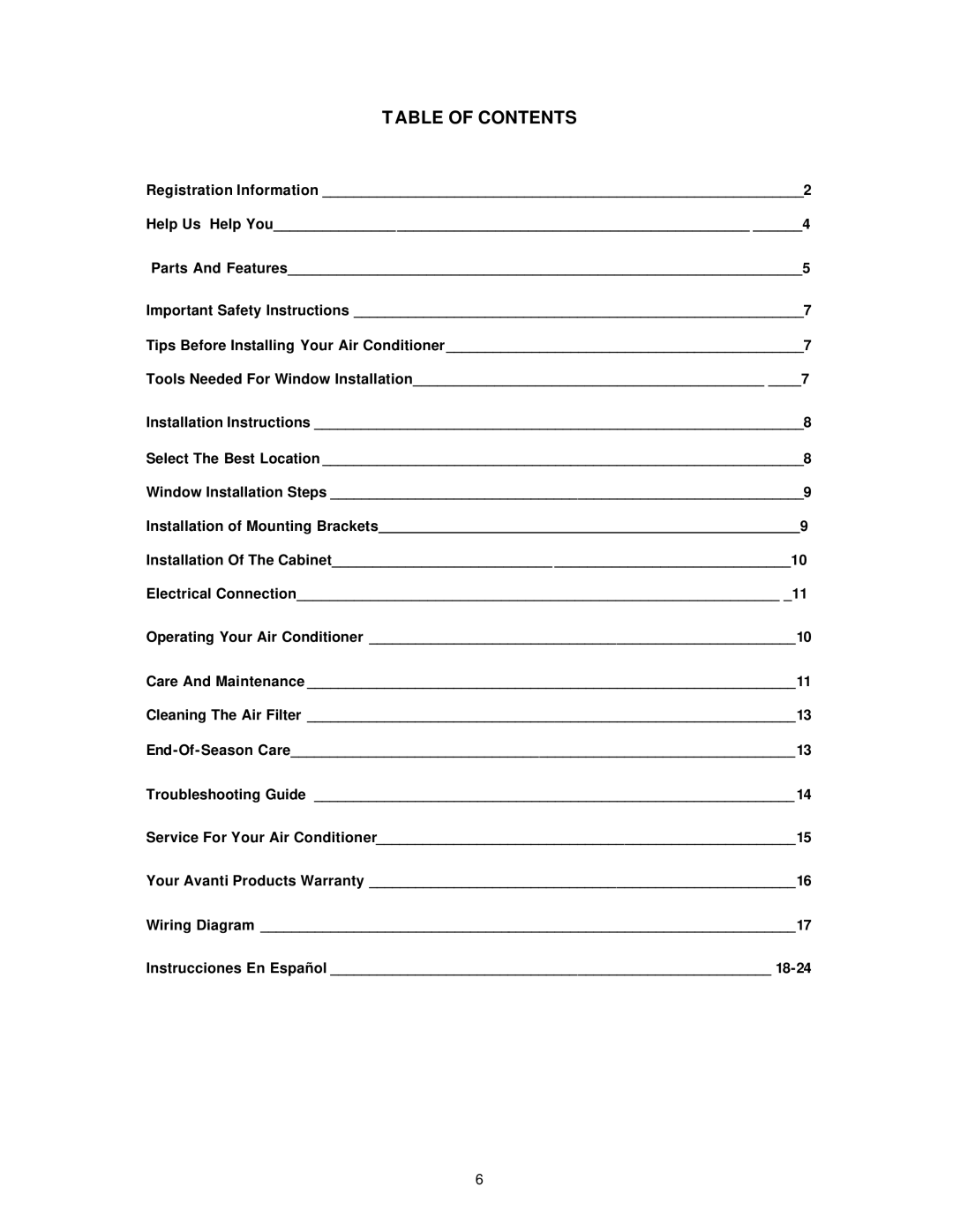 Avanti Air Conditioner instruction manual Table of Contents 