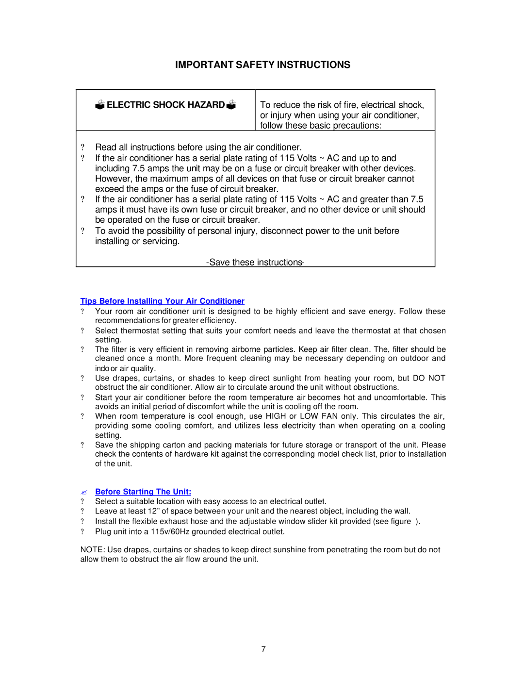 Avanti Air Conditioner instruction manual Important Safety Instructions 