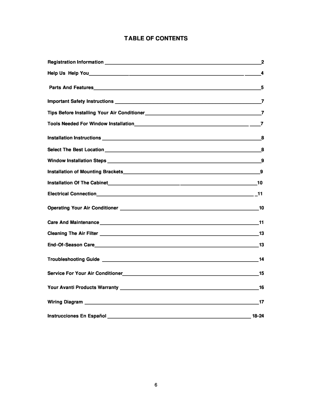 Avanti Air Conditioner instruction manual Table Of Contents 