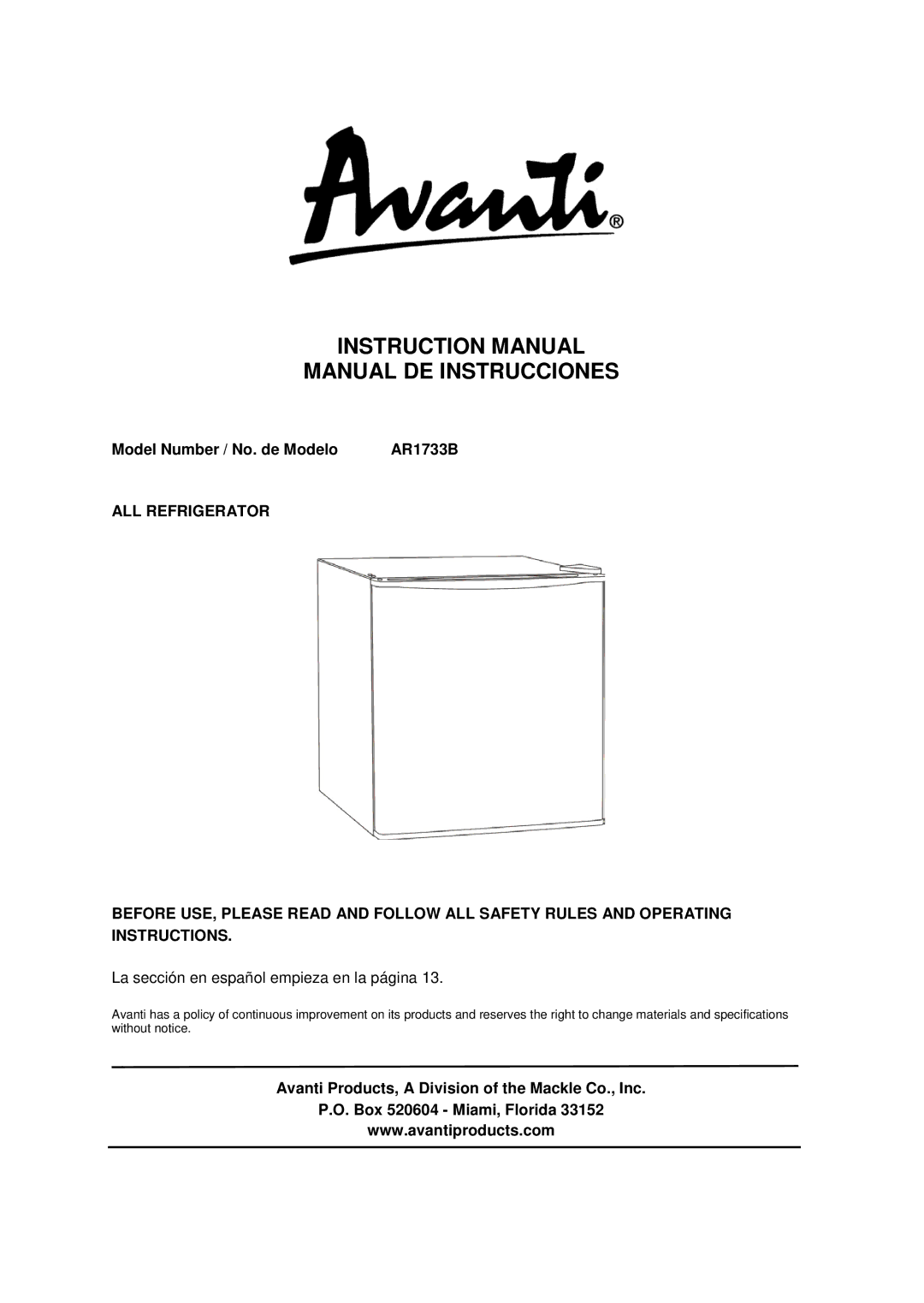 Avanti instruction manual Manual DE Instrucciones, Model Number / No. de Modelo AR1733B 