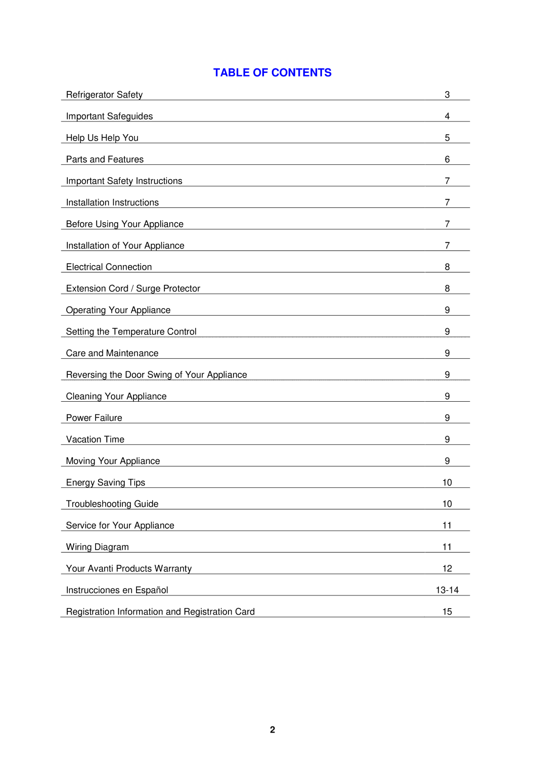 Avanti AR1733B instruction manual Table of Contents 