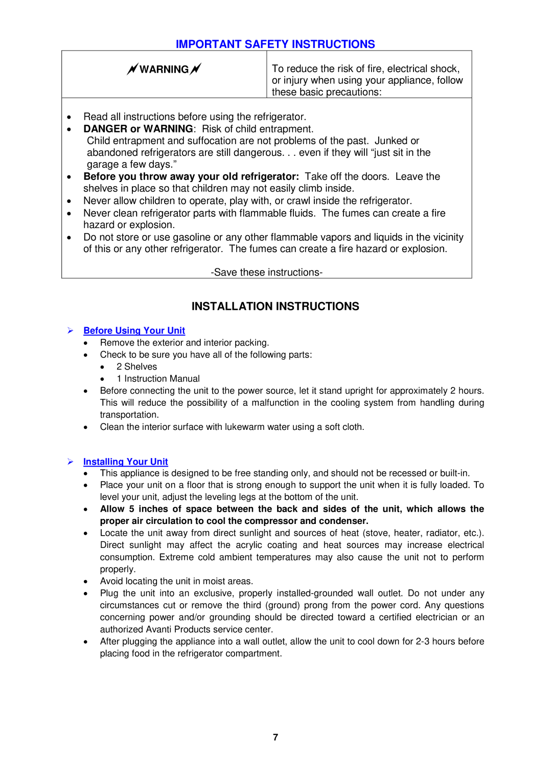 Avanti AR1733B instruction manual Important Safety Instructions, Installation Instructions 