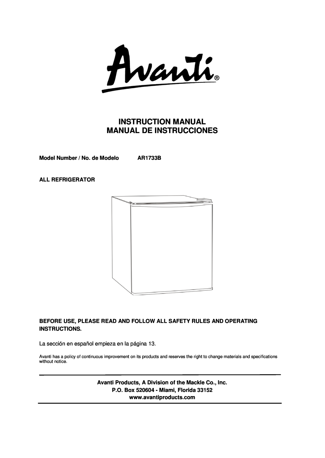 Avanti AR1733B instruction manual Model Number / No. de Modelo, All Refrigerator, P.O. Box 520604 - Miami, Florida 