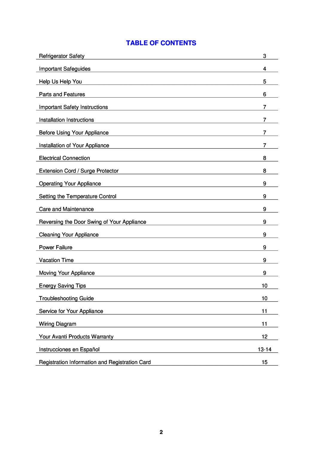Avanti AR1733B instruction manual Table Of Contents 
