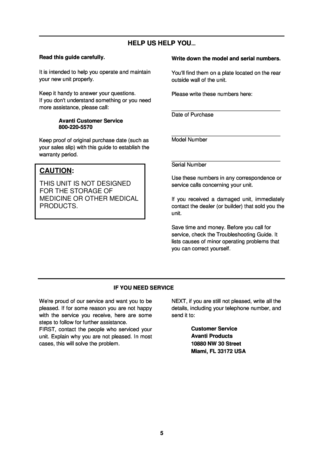 Avanti AR1733B instruction manual Help Us Help You, Read this guide carefully, Avanti Customer Service, If You Need Service 