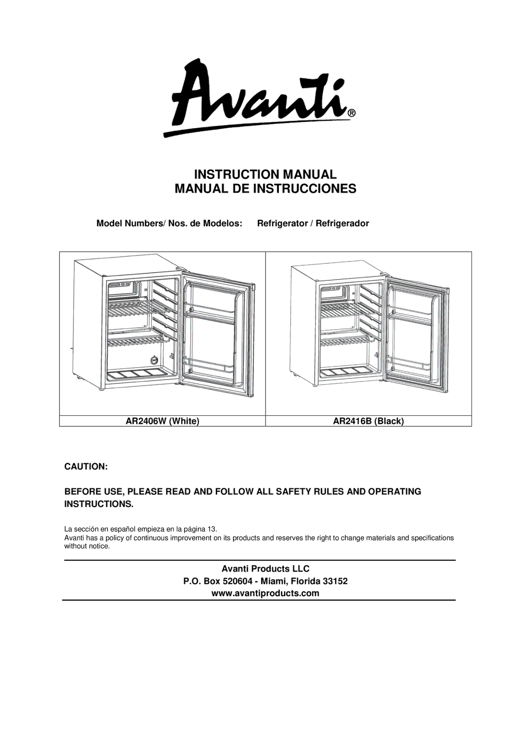 Avanti AR2416B, AR2406W instruction manual Manual DE Instrucciones, Avanti Products LLC Box 520604 Miami, Florida 