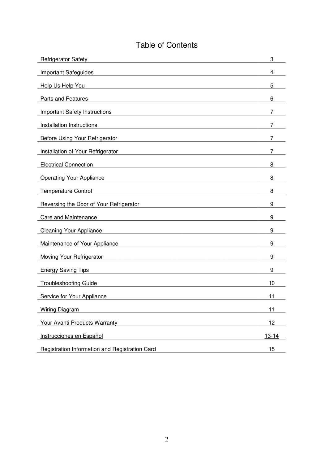 Avanti AR2406W, AR2416B instruction manual Table of Contents 