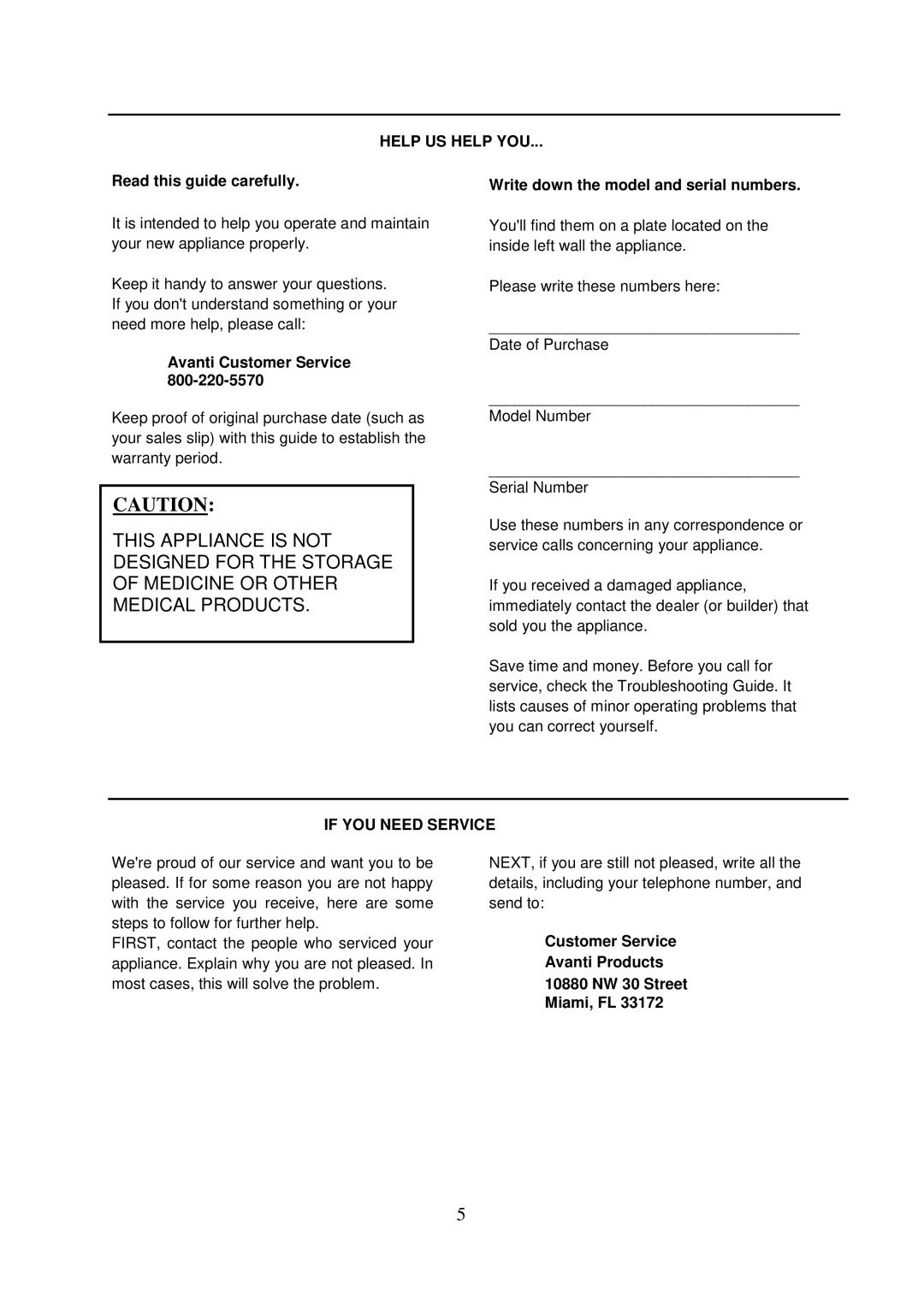 Avanti AR2416B, AR2406W Read this guide carefully, Avanti Customer Service, Write down the model and serial numbers 