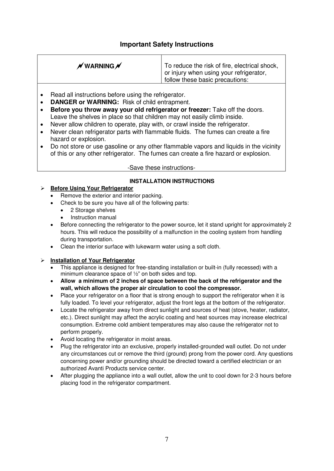 Avanti AR2416B, AR2406W instruction manual  Before Using Your Refrigerator,  Installation of Your Refrigerator 