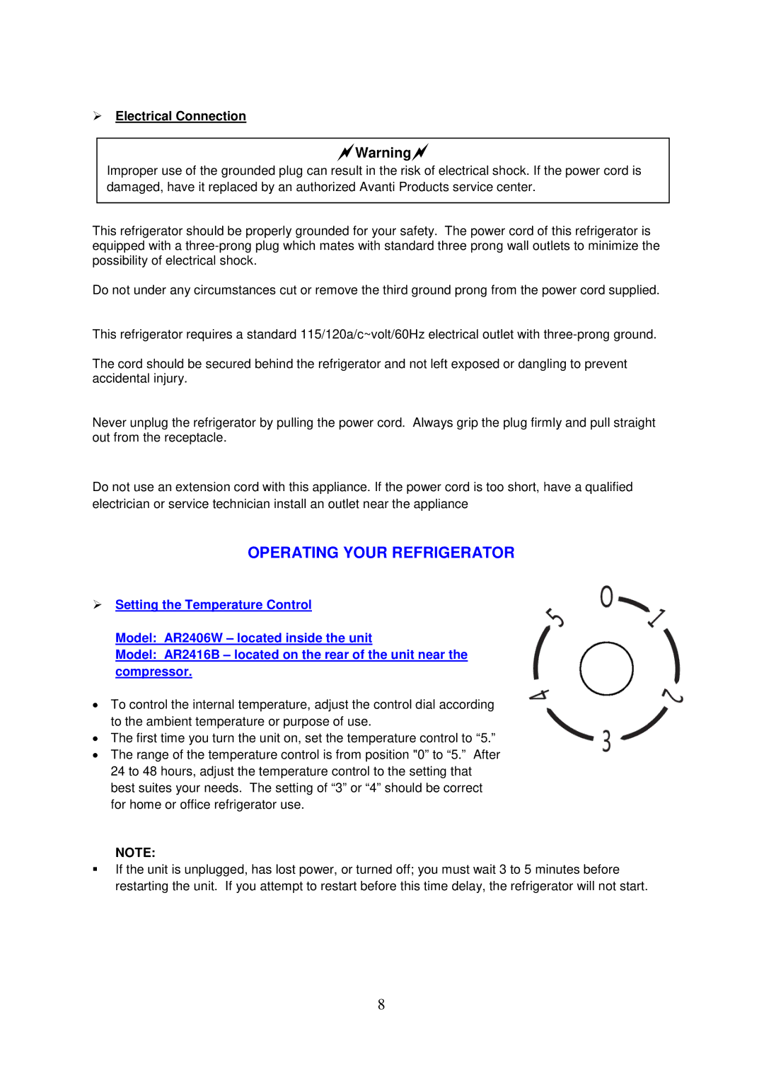 Avanti AR2406W, AR2416B instruction manual Operating Your Refrigerator,  Electrical Connection 