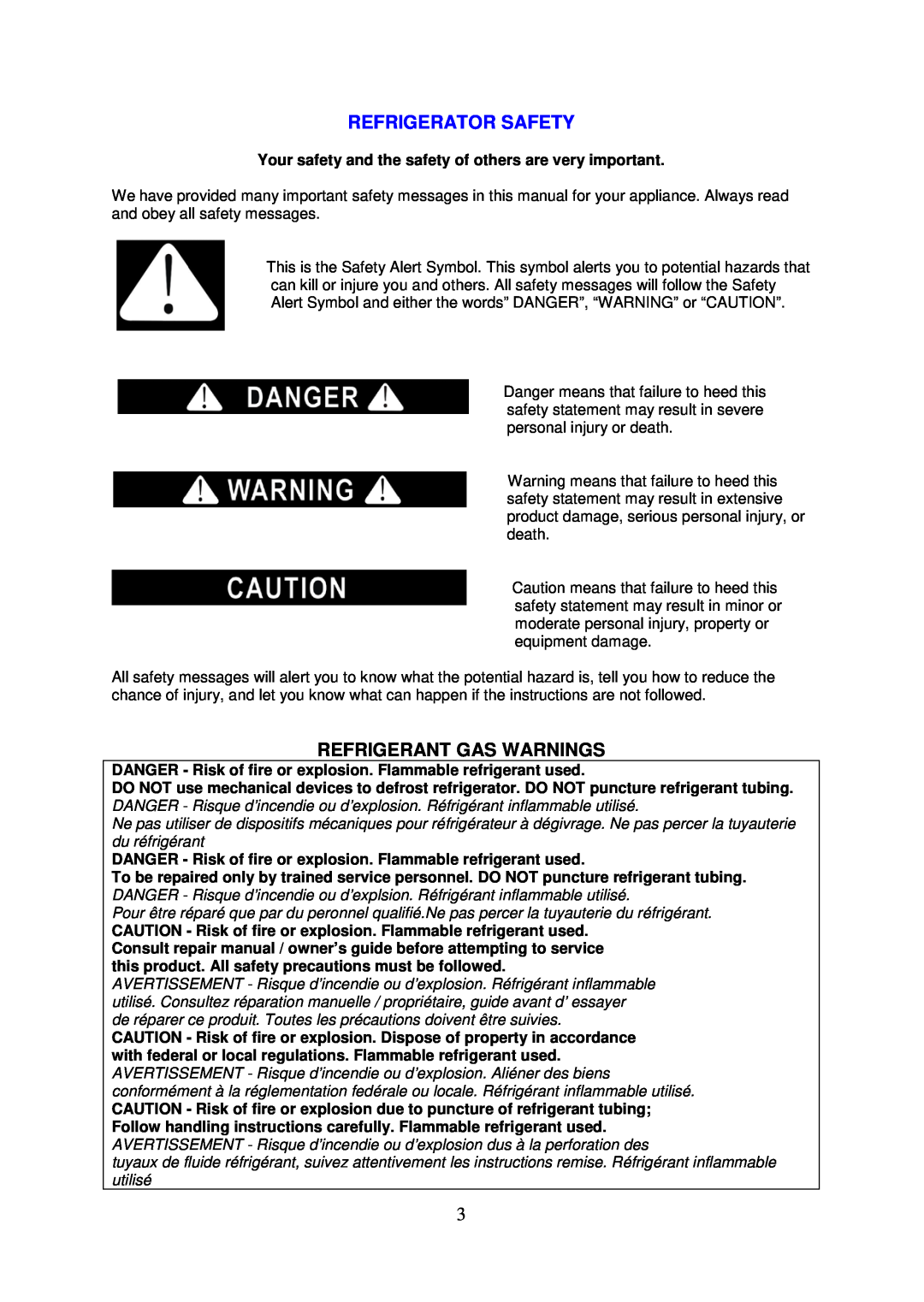 Avanti AR2416B, AR2406W instruction manual Refrigerator Safety, Refrigerant Gas Warnings 