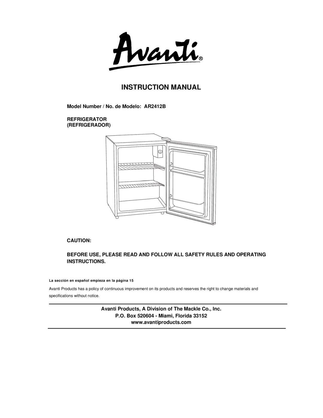 Avanti instruction manual Model Number / No. de Modelo AR2412B 