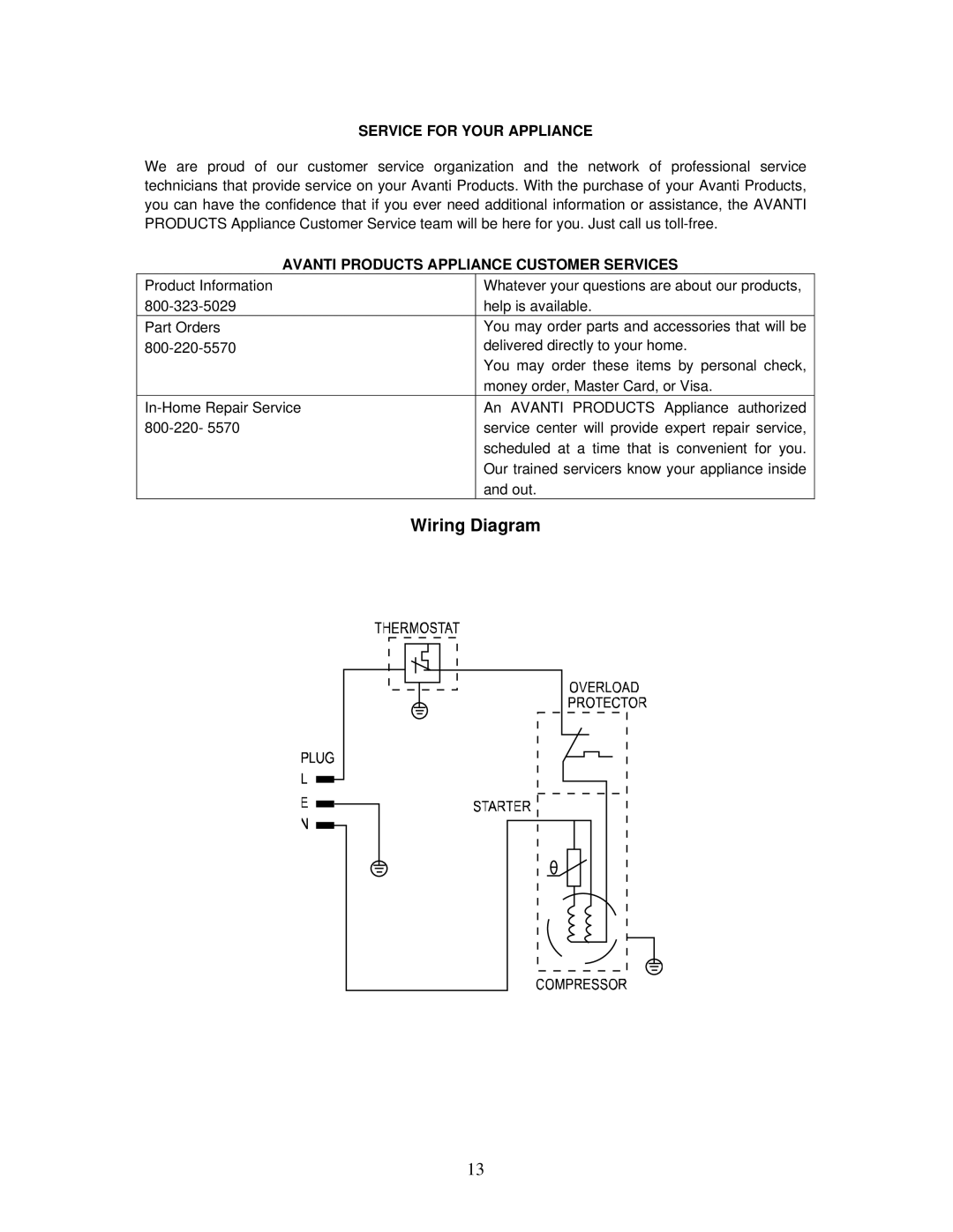 Avanti AR2412B instruction manual Wiring Diagram, Service for Your Appliance, Avanti Products Appliance Customer Services 