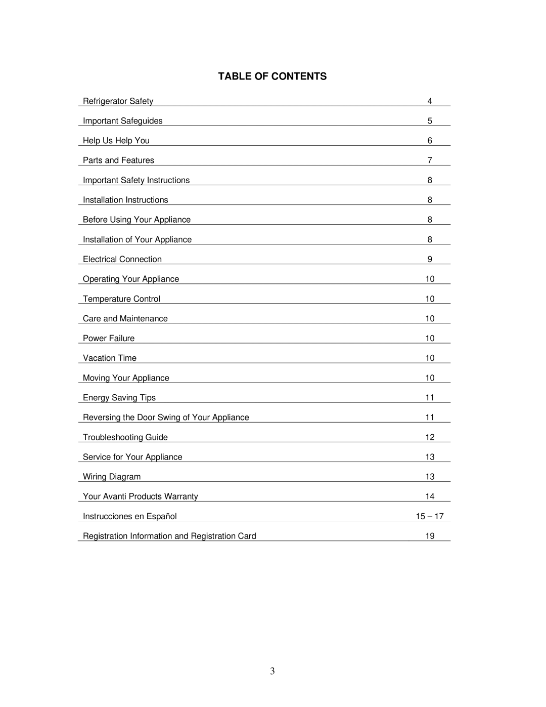 Avanti AR2412B instruction manual Table of Contents 