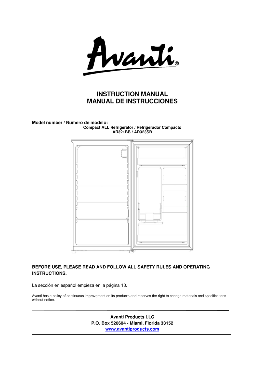 Avanti AR323SB, AR321BB instruction manual Manual DE Instrucciones 