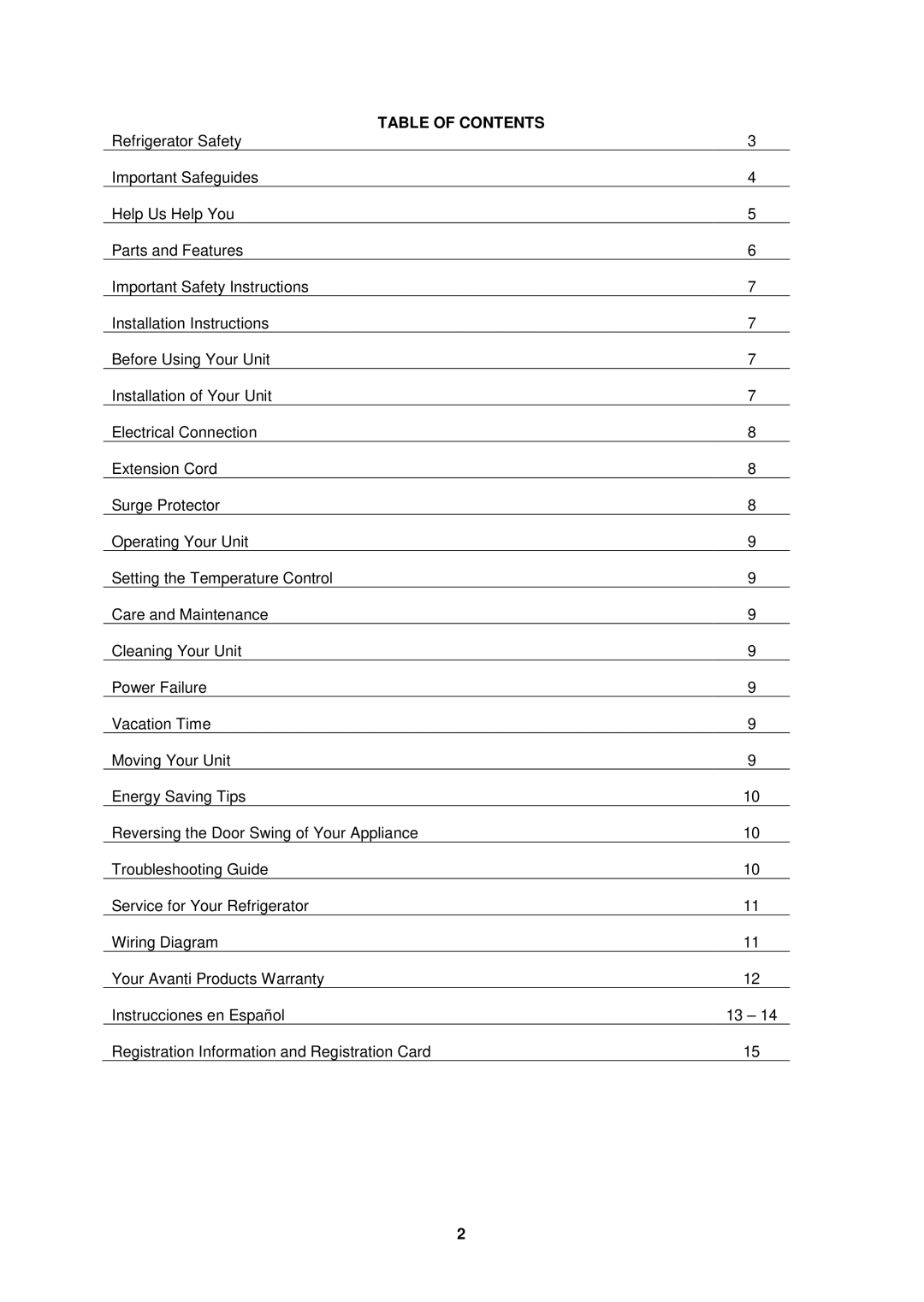 Avanti AR321BB, AR323SB instruction manual Table of Contents 