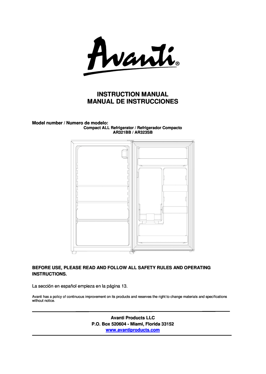 Avanti AR323SB instruction manual Model number / Numero de modelo, Avanti Products LLC, P.O. Box 520604 - Miami, Florida 
