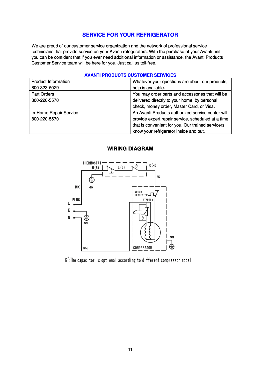 Avanti AR323SB, AR321BB instruction manual Service For Your Refrigerator, Wiring Diagram, Avanti Products Customer Services 