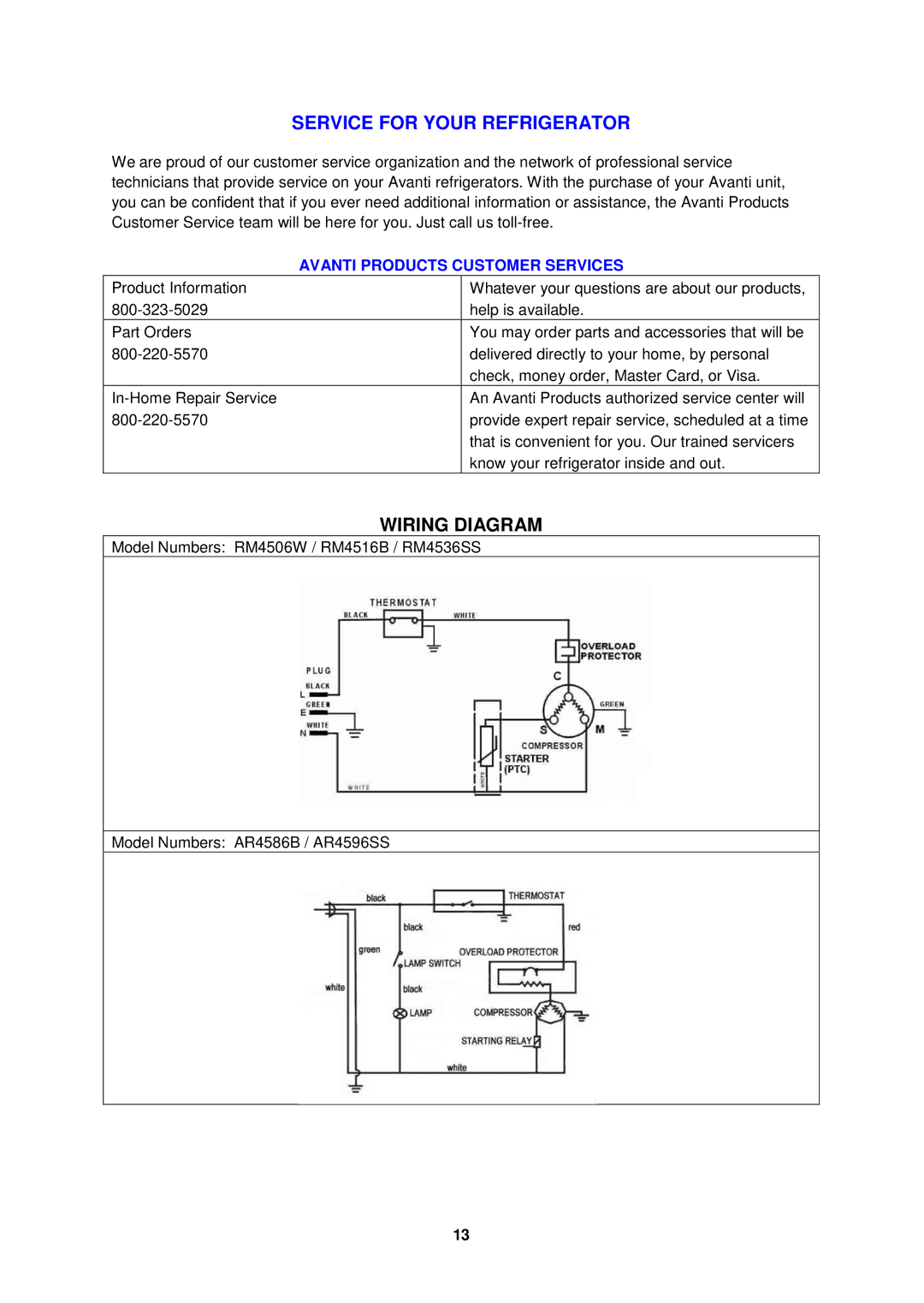 Avanti AR4586B instruction manual Service for Your Refrigerator, Wiring Diagram, Avanti Products Customer Services 