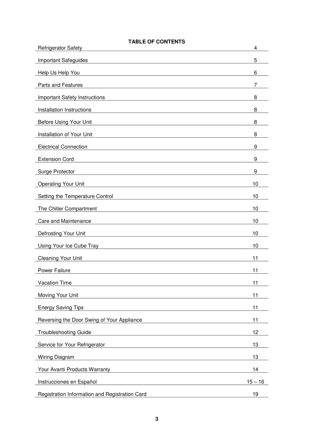 Avanti AR4586B instruction manual Table of Contents 