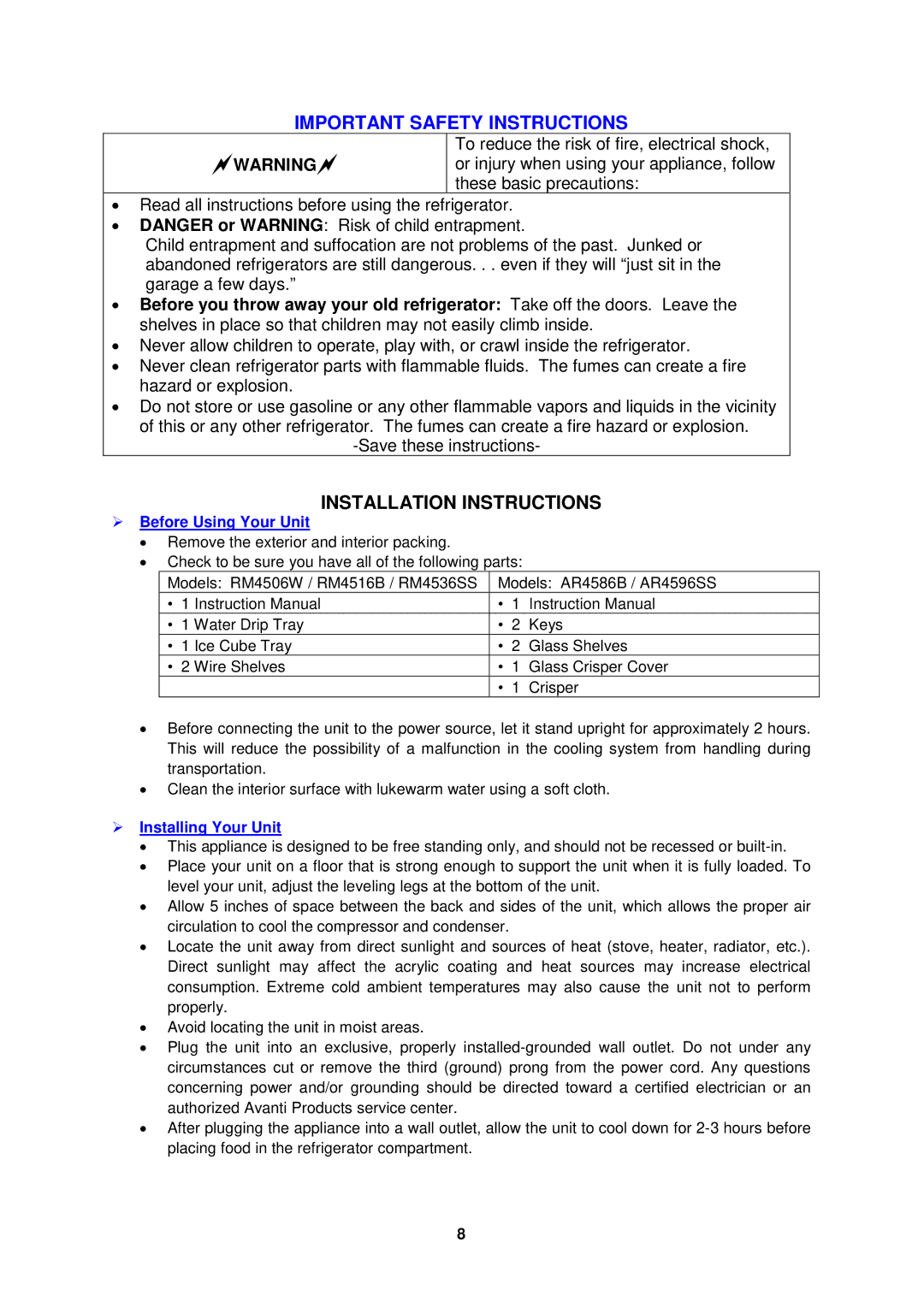 Avanti AR4586B Important Safety Instructions, Installation Instructions,  Before Using Your Unit,  Installing Your Unit 