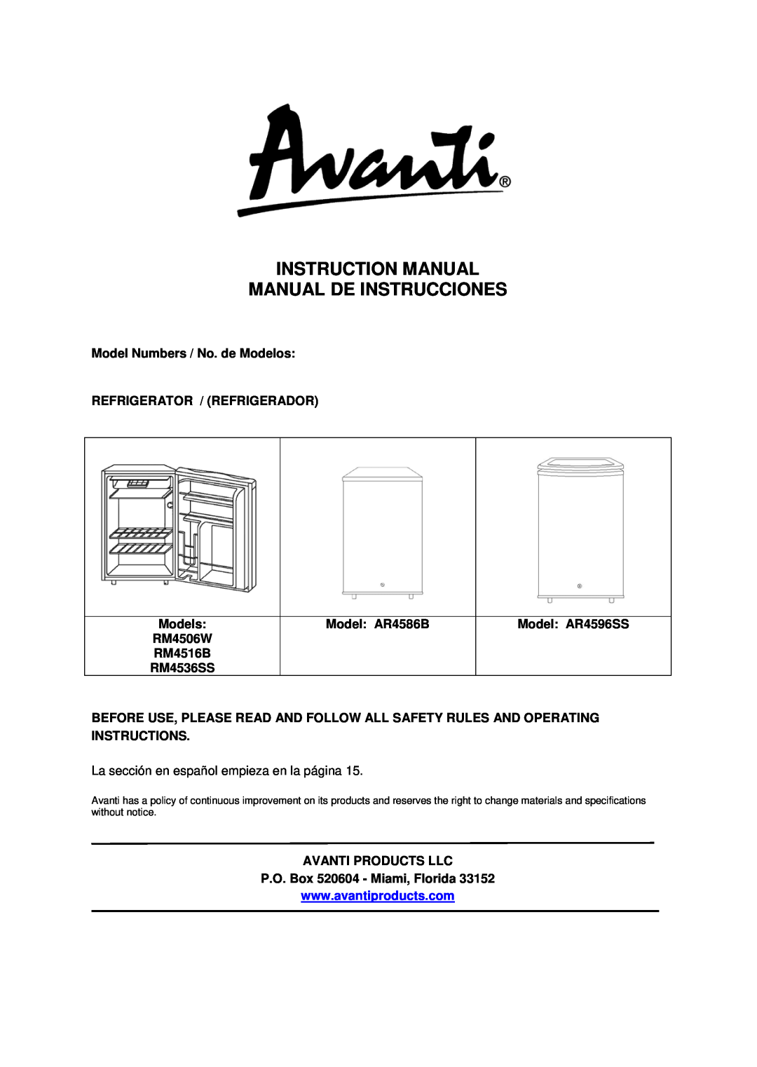Avanti instruction manual Model Numbers / No. de Modelos, Refrigerator / Refrigerador, Model AR4586B, Model AR4596SS 