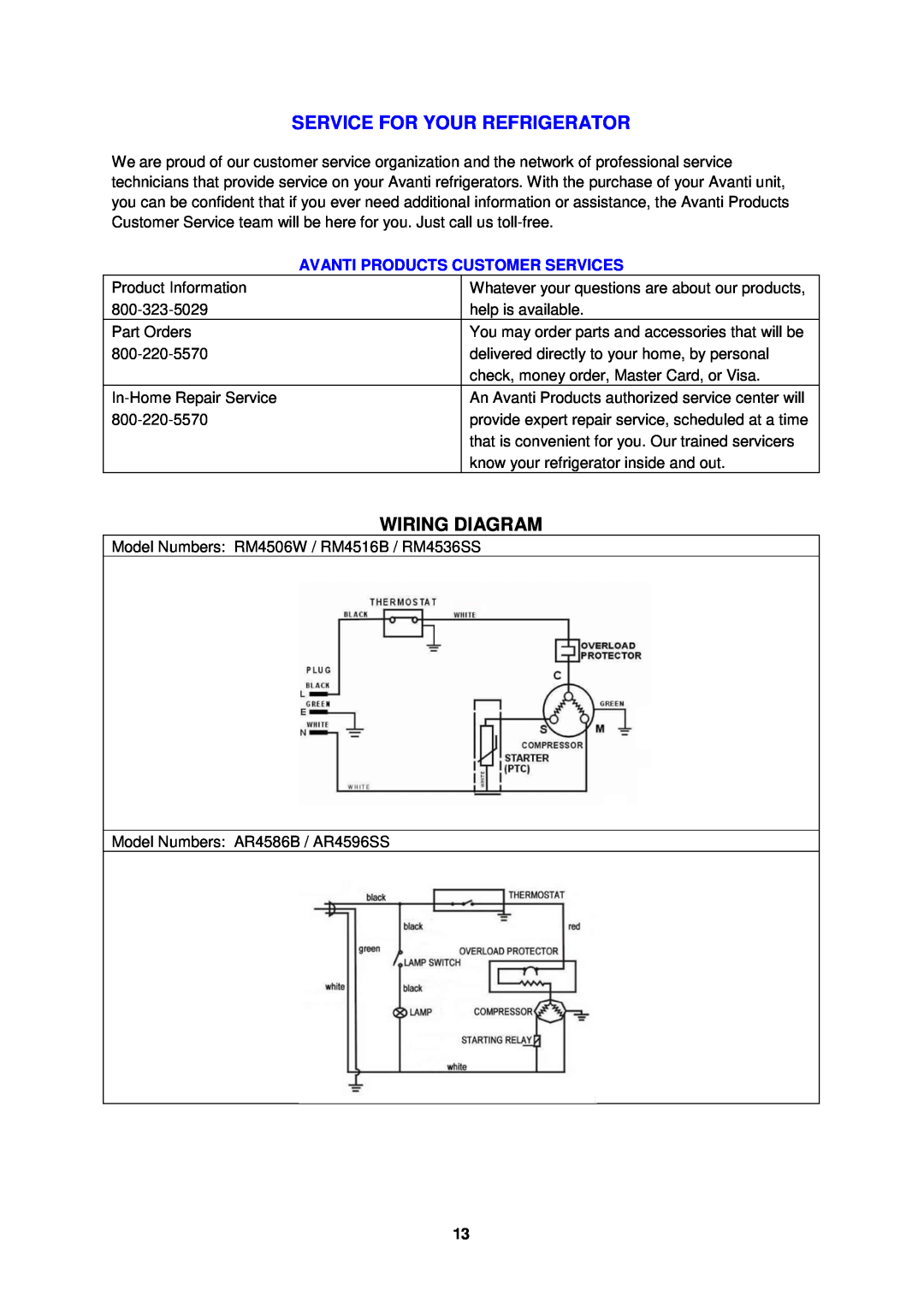 Avanti AR4586B instruction manual Service For Your Refrigerator, Wiring Diagram, Avanti Products Customer Services 