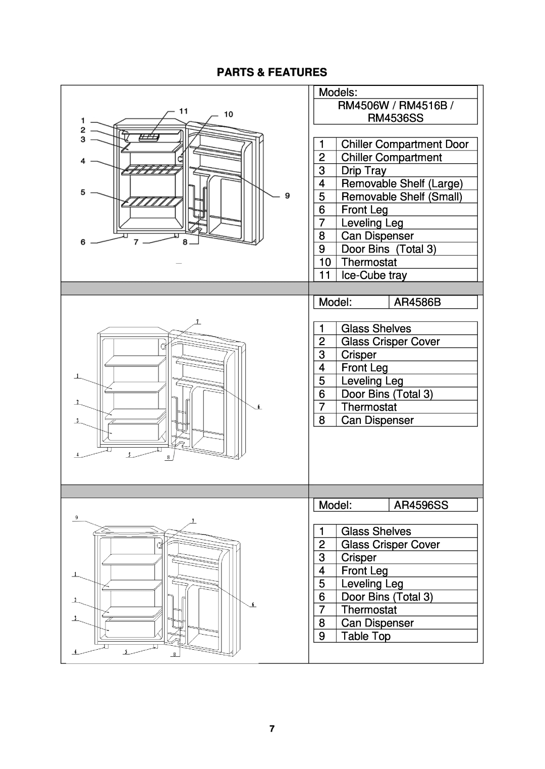 Avanti AR4586B instruction manual Parts & Features 