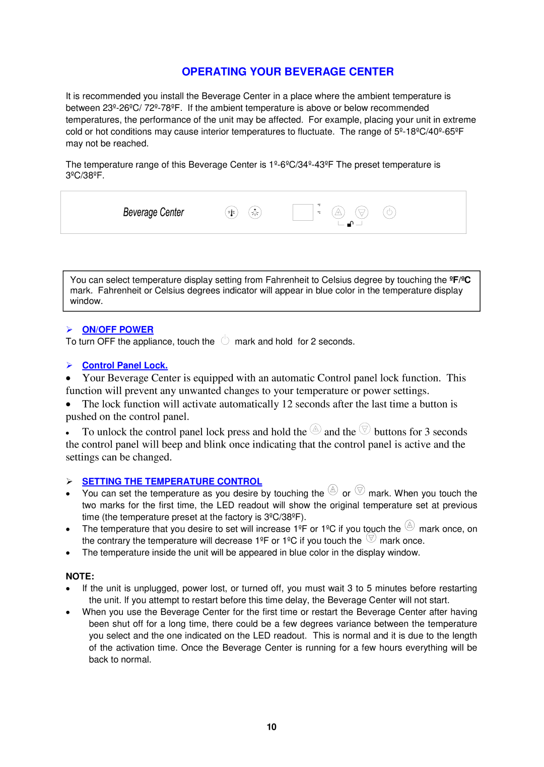 Avanti BCA1501SS instruction manual  ON/OFF Power,  Setting the Temperature Control 