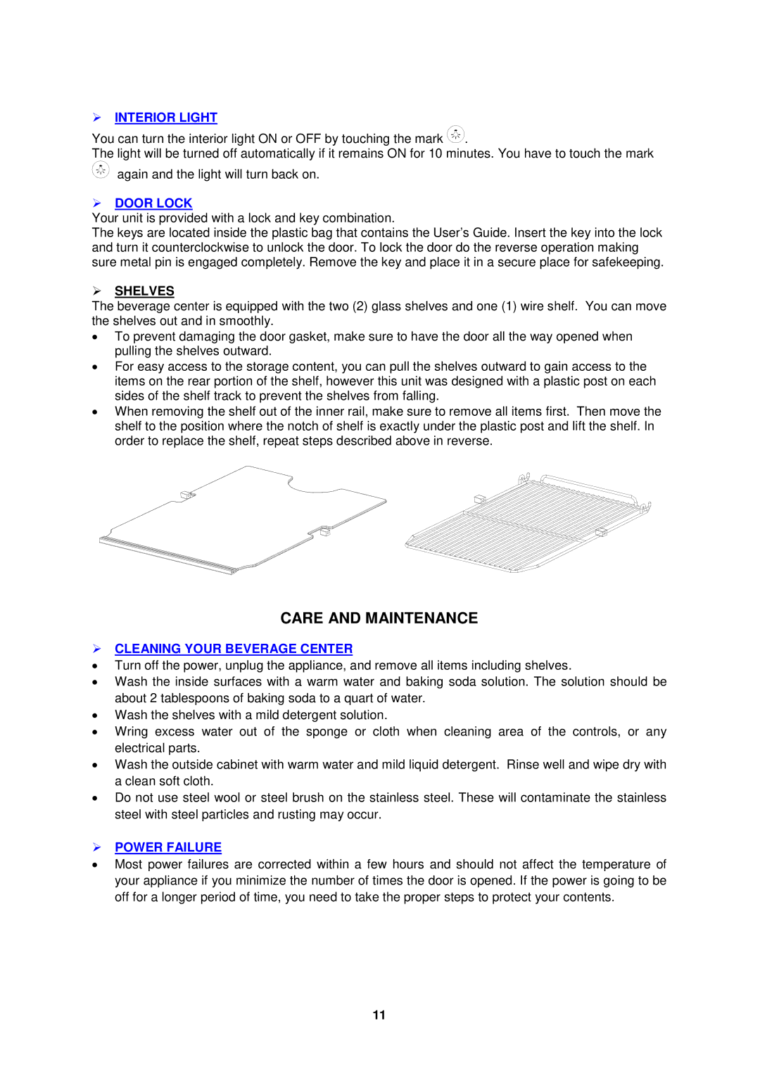 Avanti BCA1501SS Care and Maintenance,  Interior Light,  Door Lock,  Cleaning Your Beverage Center,  Power Failure 