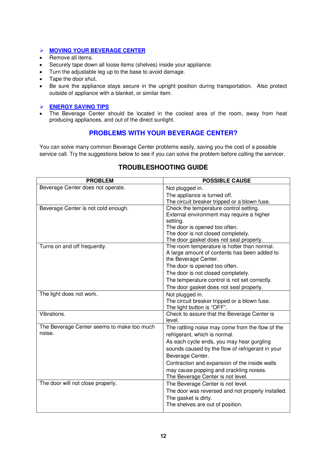 Avanti BCA1501SS Troubleshooting Guide,  Moving Your Beverage Center,  Energy Saving Tips, Problem Possible Cause 