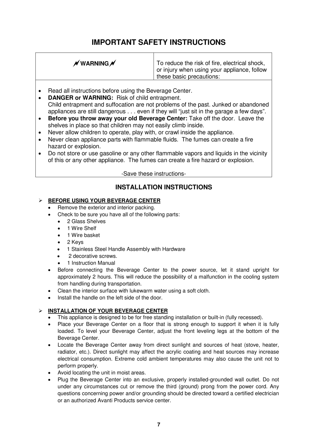 Avanti BCA1501SS Installation Instructions,  Before Using Your Beverage Center,  Installation of Your Beverage Center 